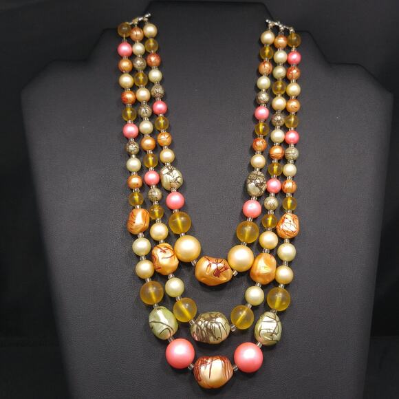 Vintage Japan Art Bead Necklace, Three Strands, 1950s, 17" - Picture 7 of 10